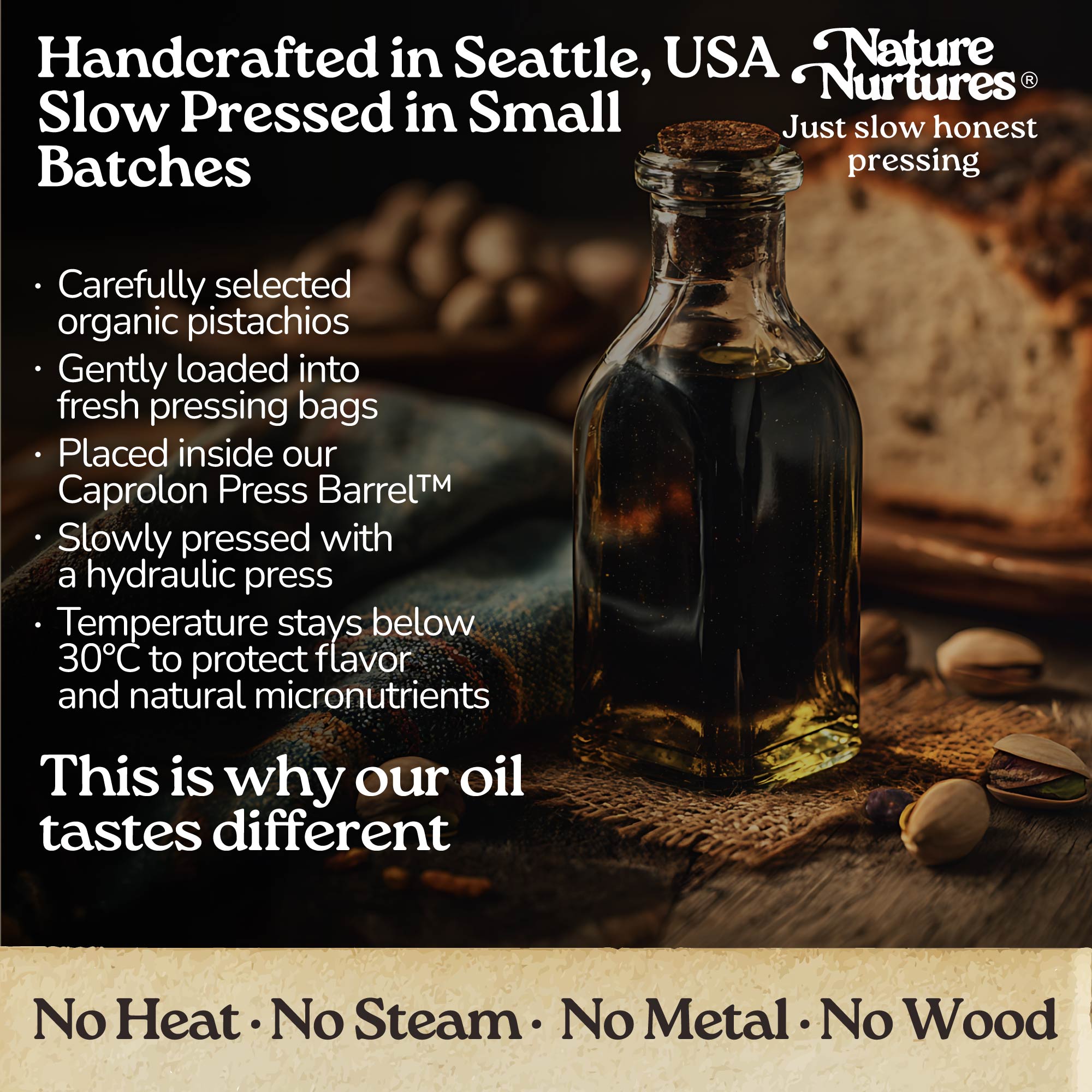 It continues in a small Seattle USA kitchen, where each batch is handcrafted and slowly pressed from carefully selected organic pistachios. They are loaded into pressing bags, placed into the Caprolon Press Barrel, and pressed with a hydraulic press, where the oil flows drop by drop into glass bottles. Temperature stays below 30°C to protect flavor and micronutrients. No heat, no steam, no metal, no wood, just slow, honest pressing that explains why the oil tastes different.