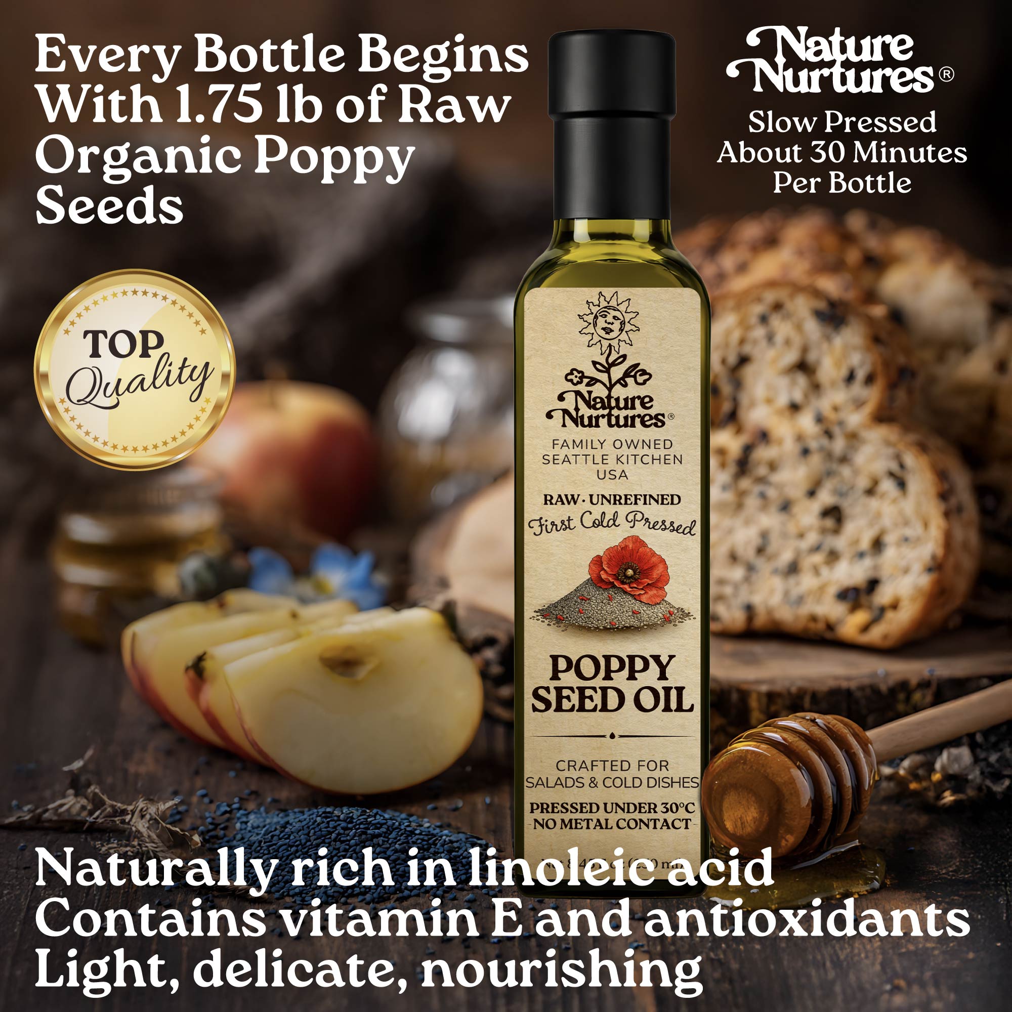 Every bottle begins with 1.75 lb of raw organic poppy seeds, slowly pressed for about 30 minutes, carrying the patience of something made with care. The result is light in texture and naturally delicate. Naturally rich in linoleic acid, vitamin E, and antioxidants, it feels soft, balanced, and quietly nourishing.