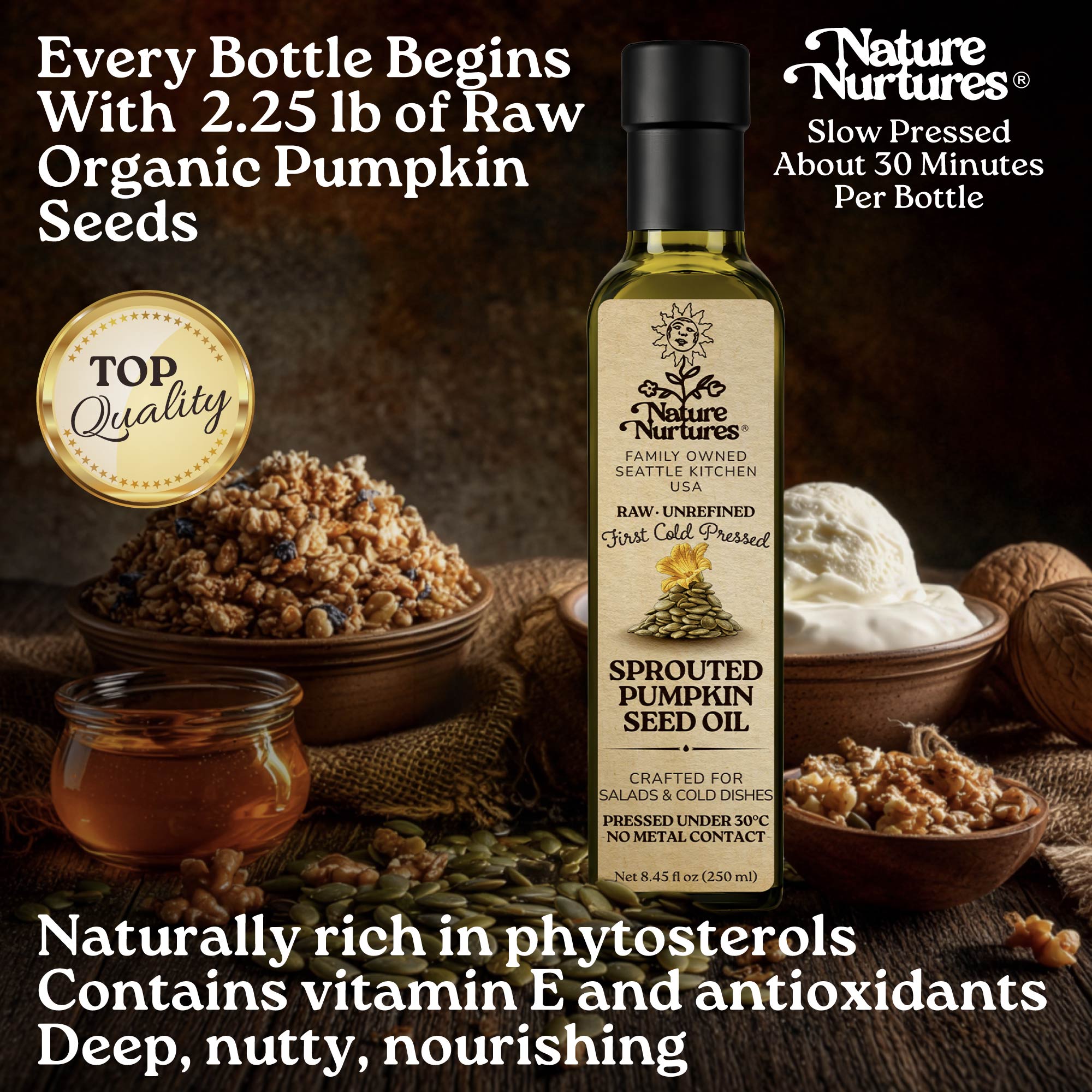 Every bottle begins with 2.25 lb of raw organic pumpkin seeds, slowly pressed for about 30 minutes, carrying the patience of something made with care. The result is deep in flavor and naturally rich. Naturally rich in phytosterols, vitamin E, and antioxidants, it feels full, grounding, and deeply nourishing.