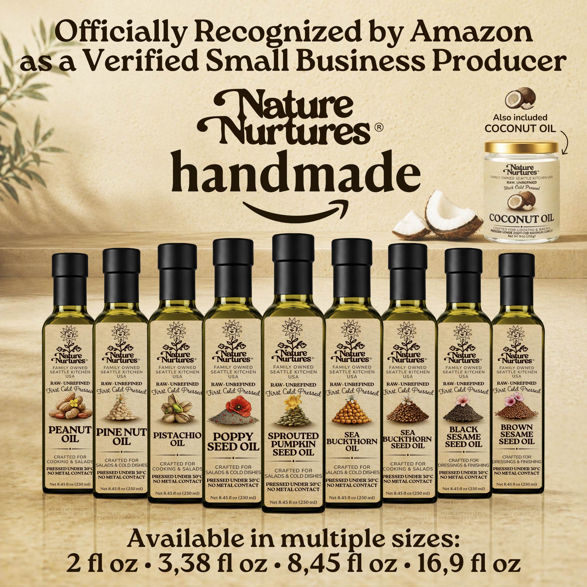 Over time, this approach becomes a full collection, officially recognized by Amazon as a verified small business producer, where each bottle carries the same careful standard and remains handmade, standing together like a quiet line of craft, including sprouted pumpkin seed oil, walnut oil, almond oil, hazelnut oil, and macadamia oil, available in 60 ml (2 fl oz), 100 ml (3.38 fl oz), 250 ml (8.45 fl oz), and 500 ml (16.9 fl oz) sizes.