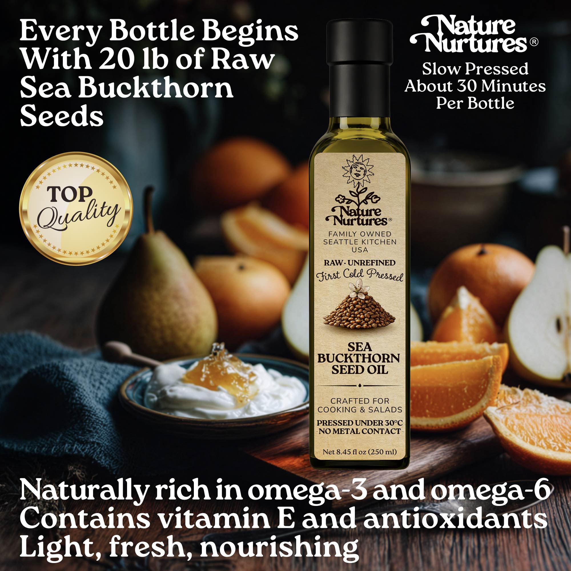 Every bottle begins with raw organic sea buckthorn seeds, slowly pressed for about 30 minutes, carrying the patience of something made with care. The result feels deep, earthy, and naturally concentrated. Naturally rich in omega 3, omega 6, vitamin E, and carotenoids, it brings a bold character that feels both vibrant and nourishing.