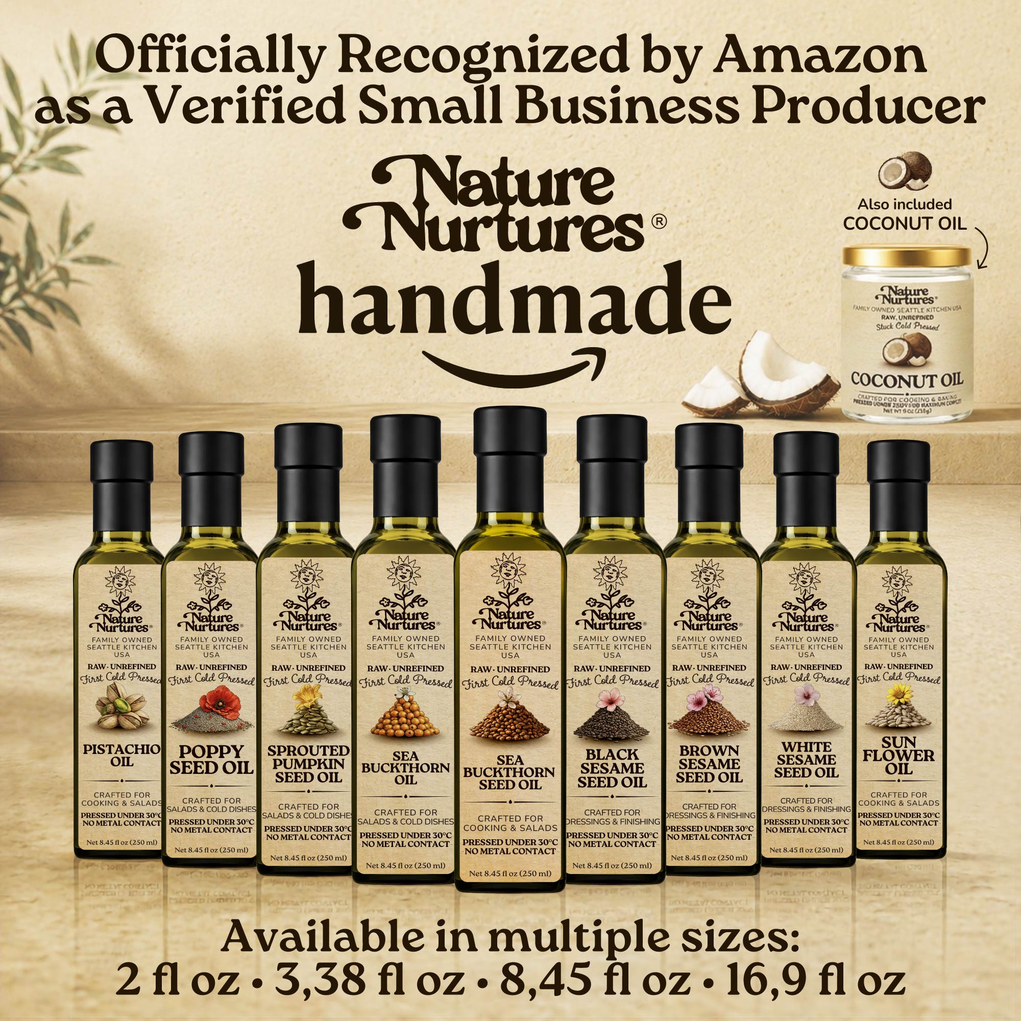 Over time, this approach becomes a full collection, officially recognized by Amazon as a verified small business producer, where each bottle carries the same careful standard and remains handmade, standing together like a quiet line of craft, including sea buckthorn seed oil, walnut oil, almond oil, hazelnut oil, and macadamia oil, available in 60 ml (2 fl oz), 100 ml (3.38 fl oz), 250 ml (8.45 fl oz), and 500 ml (16.9 fl oz) sizes.