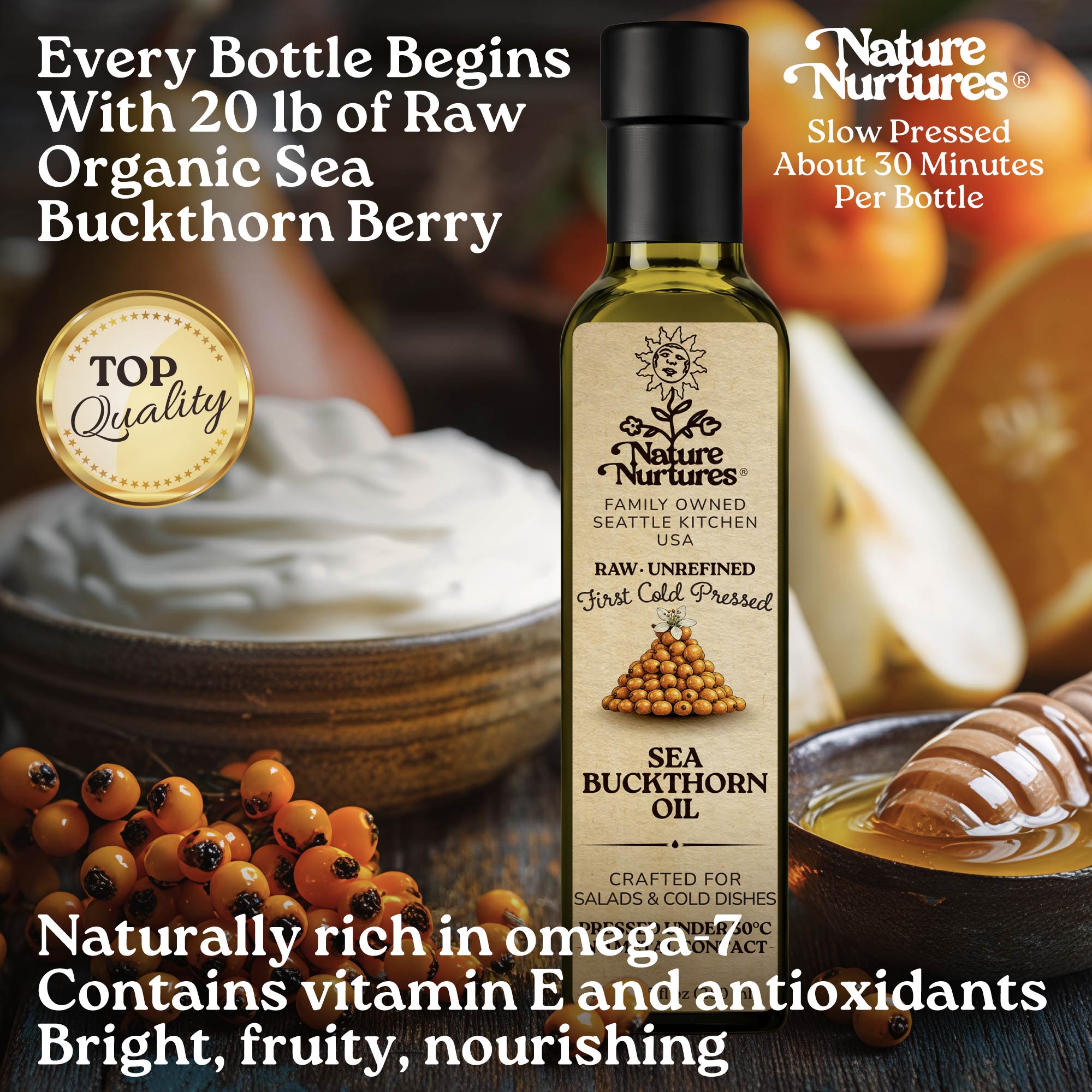 Every bottle begins with 20 lb of raw organic sea buckthorn berries, slowly pressed for about 30 minutes, carrying the patience of something made with care. The result is bright in character and naturally vibrant. Naturally rich in omega 7, vitamin E, and antioxidants, it feels fresh, lively, and deeply nourishing.