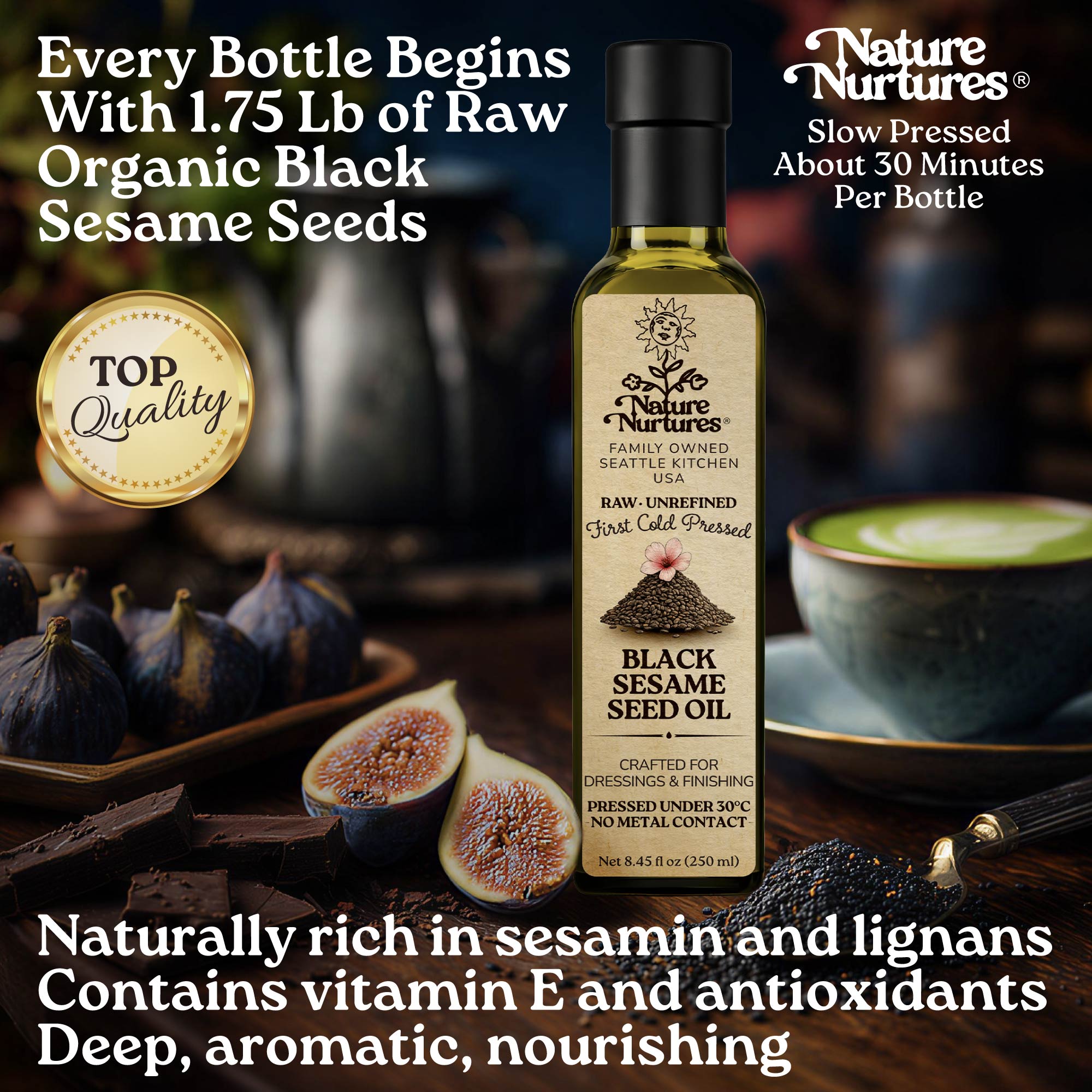Every bottle begins with 1.75 lb of raw organic black sesame seeds, slowly pressed for about 30 minutes, carrying the patience of something made with care. The result is deep in flavor and naturally intense. Naturally rich in sesamin, lignans, vitamin E, and antioxidants, it feels bold, aromatic, and deeply nourishing.