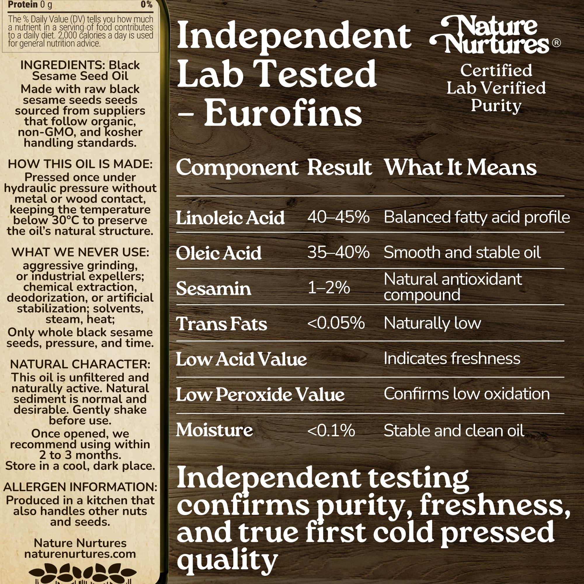 This care is confirmed through independent lab testing by Eurofins, where purity, freshness, and true first cold pressed quality are proven. Pressed once below 30°C without metal or wood contact, the oil keeps its natural structure, clean, stable, and true to its origin.