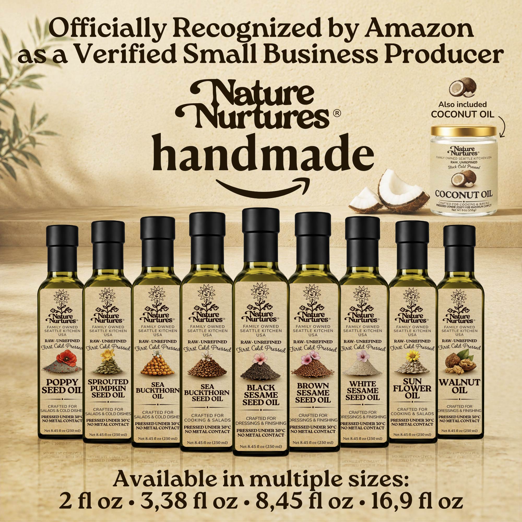 Over time, this approach becomes a full collection, officially recognized by Amazon as a verified small business producer, where each bottle carries the same careful standard and remains handmade, standing together like a quiet line of craft, including black sesame seed oil, walnut oil, almond oil, hazelnut oil, and macadamia oil, available in 60 ml (2 fl oz), 100 ml (3.38 fl oz), 250 ml (8.45 fl oz), and 500 ml (16.9 fl oz) sizes.
