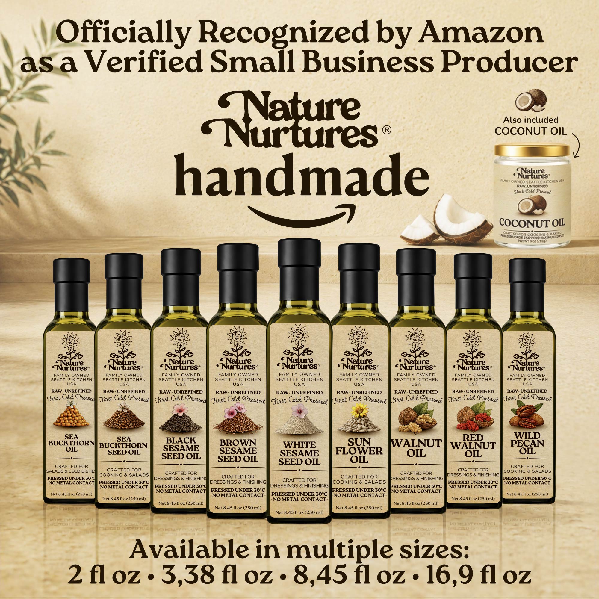 Over time, this approach becomes a full collection, officially recognized by Amazon as a verified small business producer, where each bottle carries the same careful standard and remains handmade, standing together like a quiet line of craft, including white sesame seed oil, walnut oil, almond oil, hazelnut oil, and macadamia oil, available in 60 ml (2 fl oz), 100 ml (3.38 fl oz), 250 ml (8.45 fl oz), and 500 ml (16.9 fl oz) sizes.