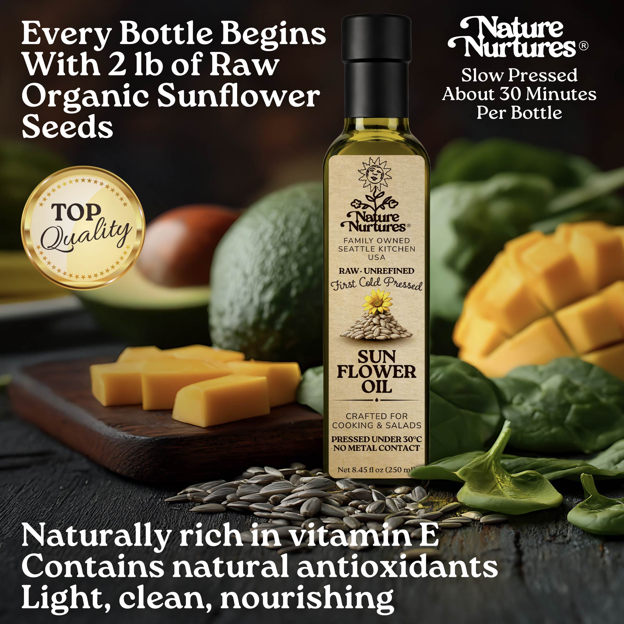 Every bottle begins with 2 lb of raw organic sunflower seeds, slowly pressed for about 30 minutes, carrying the patience of something made with care. The result is light in flavor and naturally clean. Naturally rich in vitamin E and natural antioxidants, it feels smooth, balanced, and quietly nourishing.