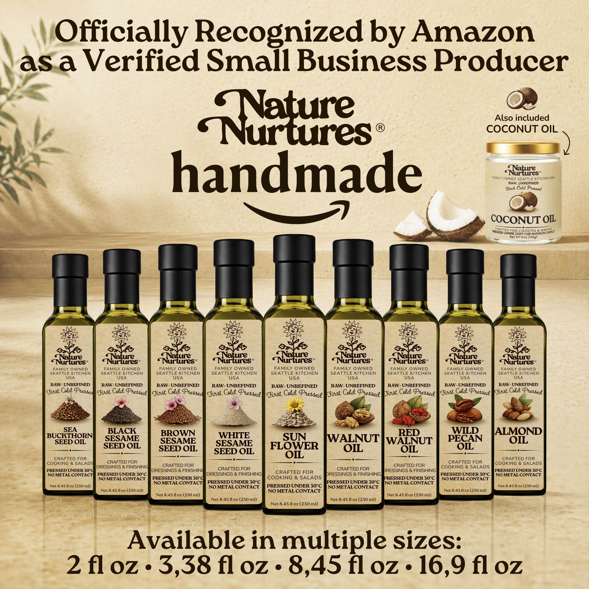 Over time, this approach becomes a full collection, officially recognized by Amazon as a verified small business producer, where each bottle carries the same careful standard and remains handmade, standing together like a quiet line of craft, including sunflower oil, walnut oil, almond oil, hazelnut oil, and macadamia oil, available in 60 ml (2 fl oz), 100 ml (3.38 fl oz), 250 ml (8.45 fl oz), and 500 ml (16.9 fl oz) sizes.