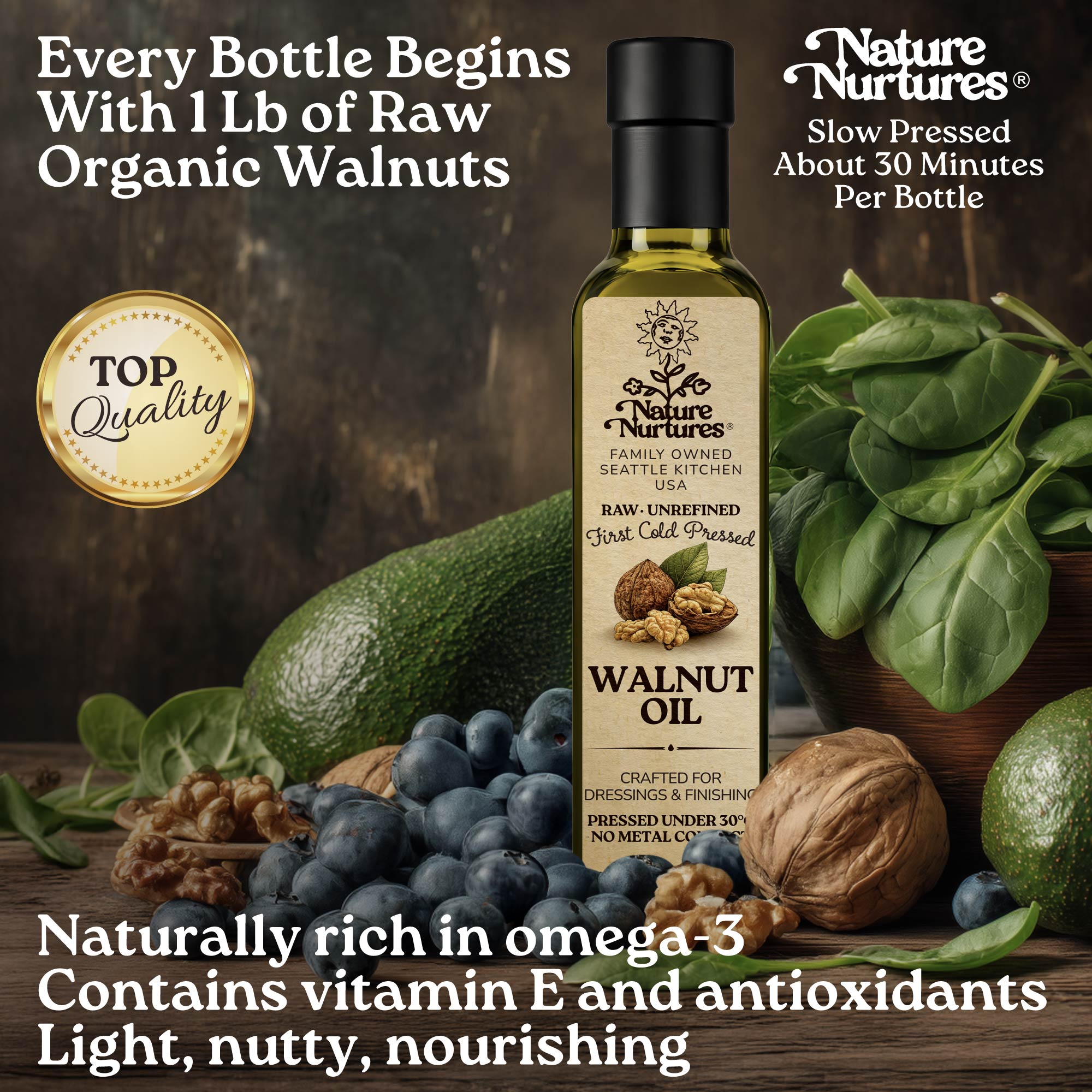 Every bottle begins with 1 lb of raw organic walnuts, slowly pressed for about 30 minutes, carrying the patience of something made with care. The result is light in flavor and naturally nutty. Naturally rich in omega 3, vitamin E, and antioxidants, it feels smooth, balanced, and quietly nourishing.