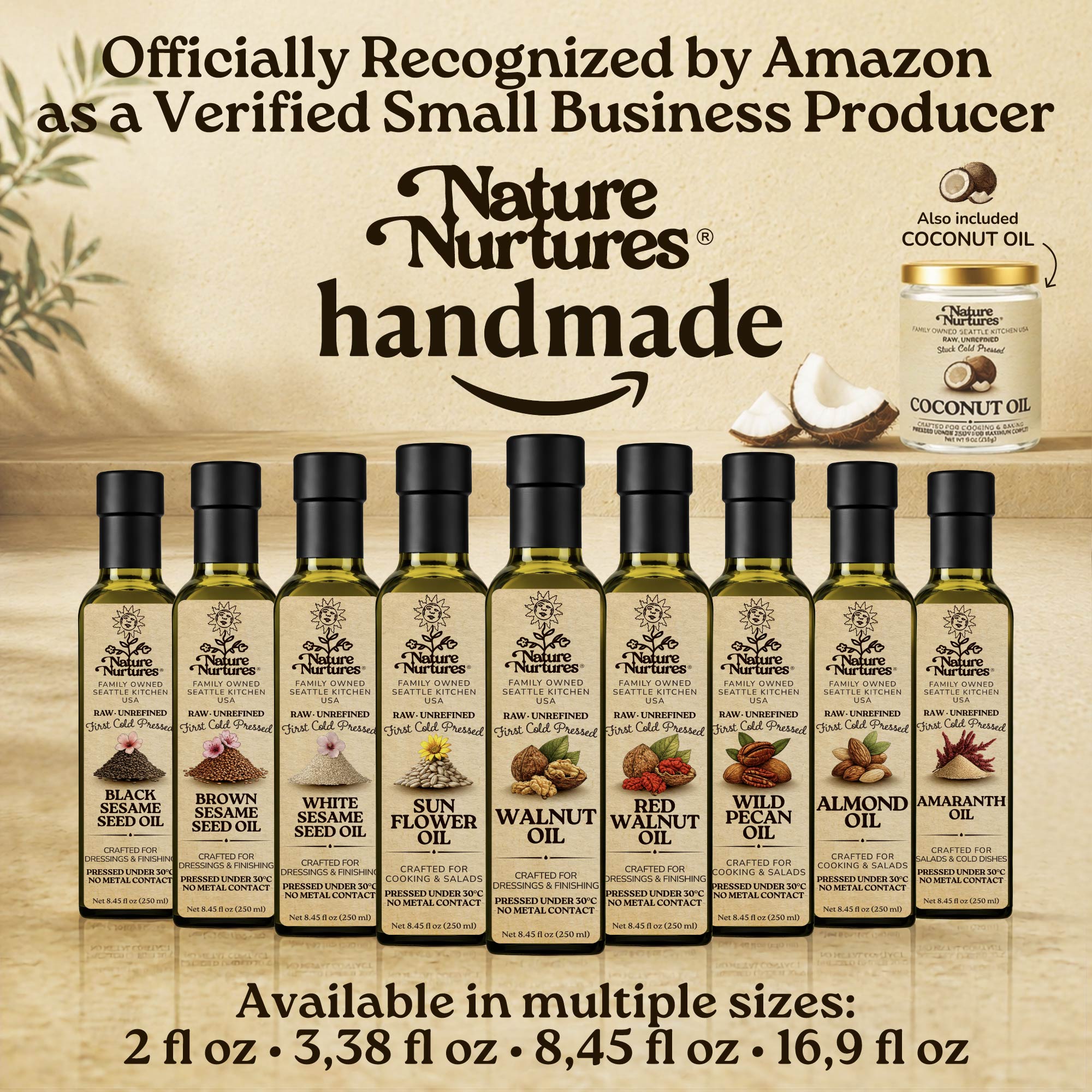Over time, this approach becomes a full collection, officially recognized by Amazon as a verified small business producer, where each bottle carries the same careful standard and remains handmade, standing together like a quiet line of craft, including walnut oil, almond oil, hazelnut oil, macadamia oil, and sunflower oil, available in 60 ml (2 fl oz), 100 ml (3.38 fl oz), 250 ml (8.45 fl oz), and 500 ml (16.9 fl oz) sizes.
