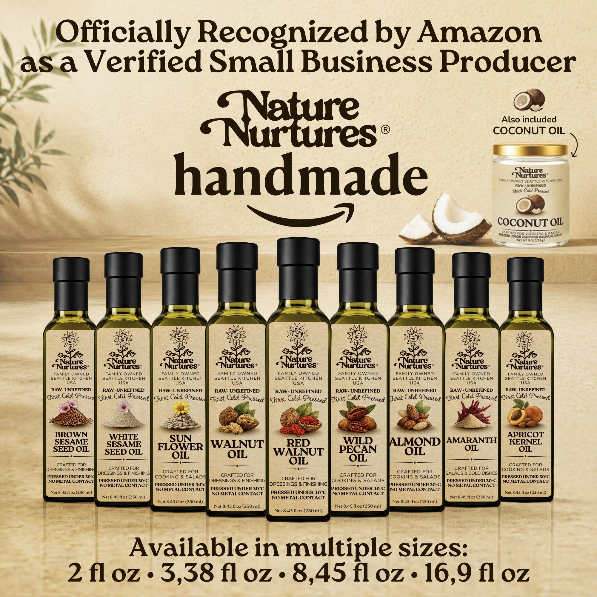 Over time, this approach becomes a full collection, officially recognized by Amazon as a verified small business producer, where each bottle carries the same careful standard and remains handmade, standing together like a quiet line of craft, including red walnut oil, walnut oil, almond oil, hazelnut oil, and macadamia oil, available in 60 ml (2 fl oz), 100 ml (3.38 fl oz), 250 ml (8.45 fl oz), and 500 ml (16.9 fl oz) sizes.