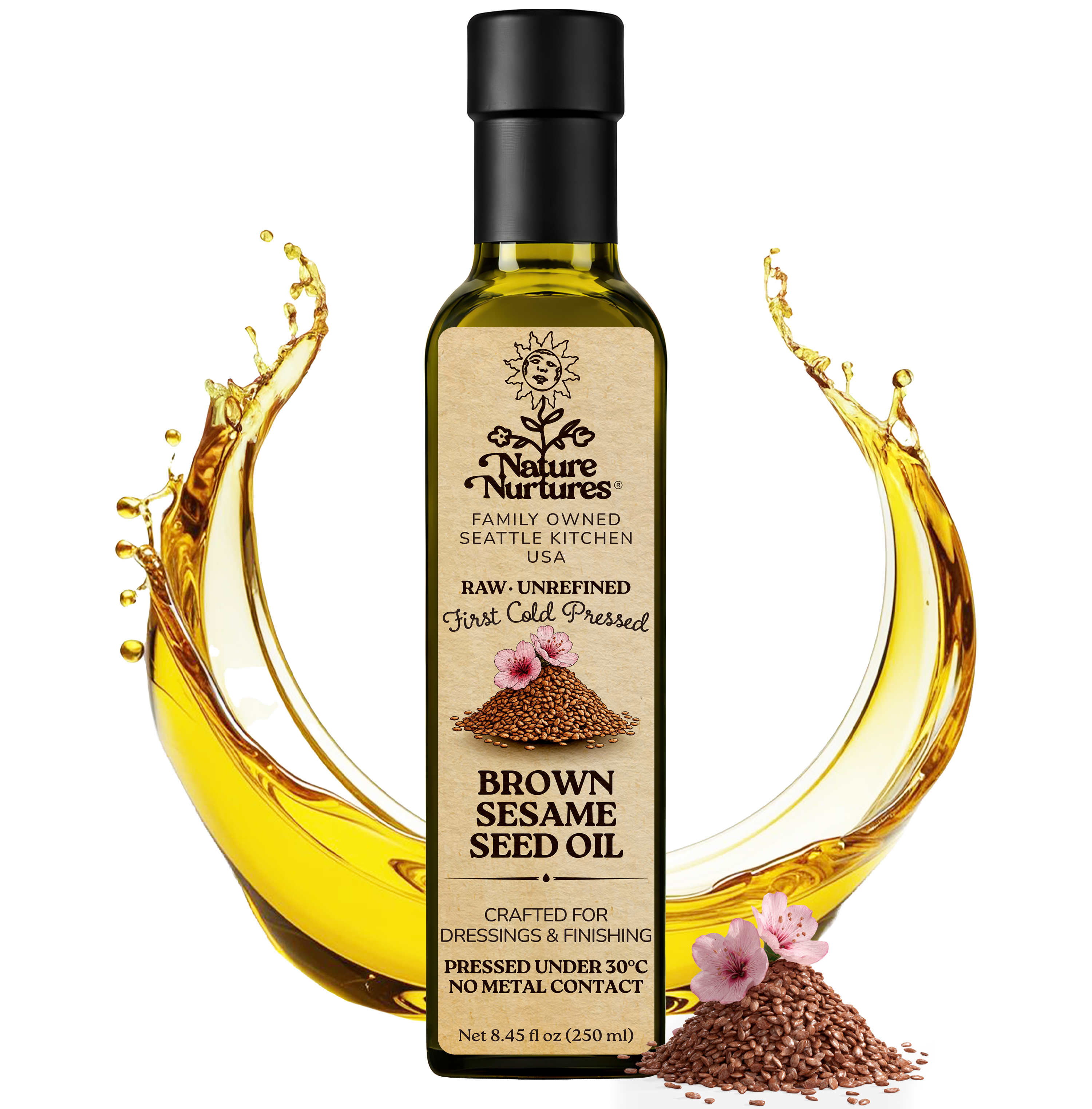 Raw unrefined brown sesame oil, first cold pressed under 30°C using a non metal or wood contact method that helps preserve the oil’s natural structure. Made from brown sesame seeds sourced from suppliers following organic, non GMO and kosher standards, small batch crafted in the United States for cooking and salads. Poured slowly into a glass bottle with care, 8.45 fl oz (250 ml).