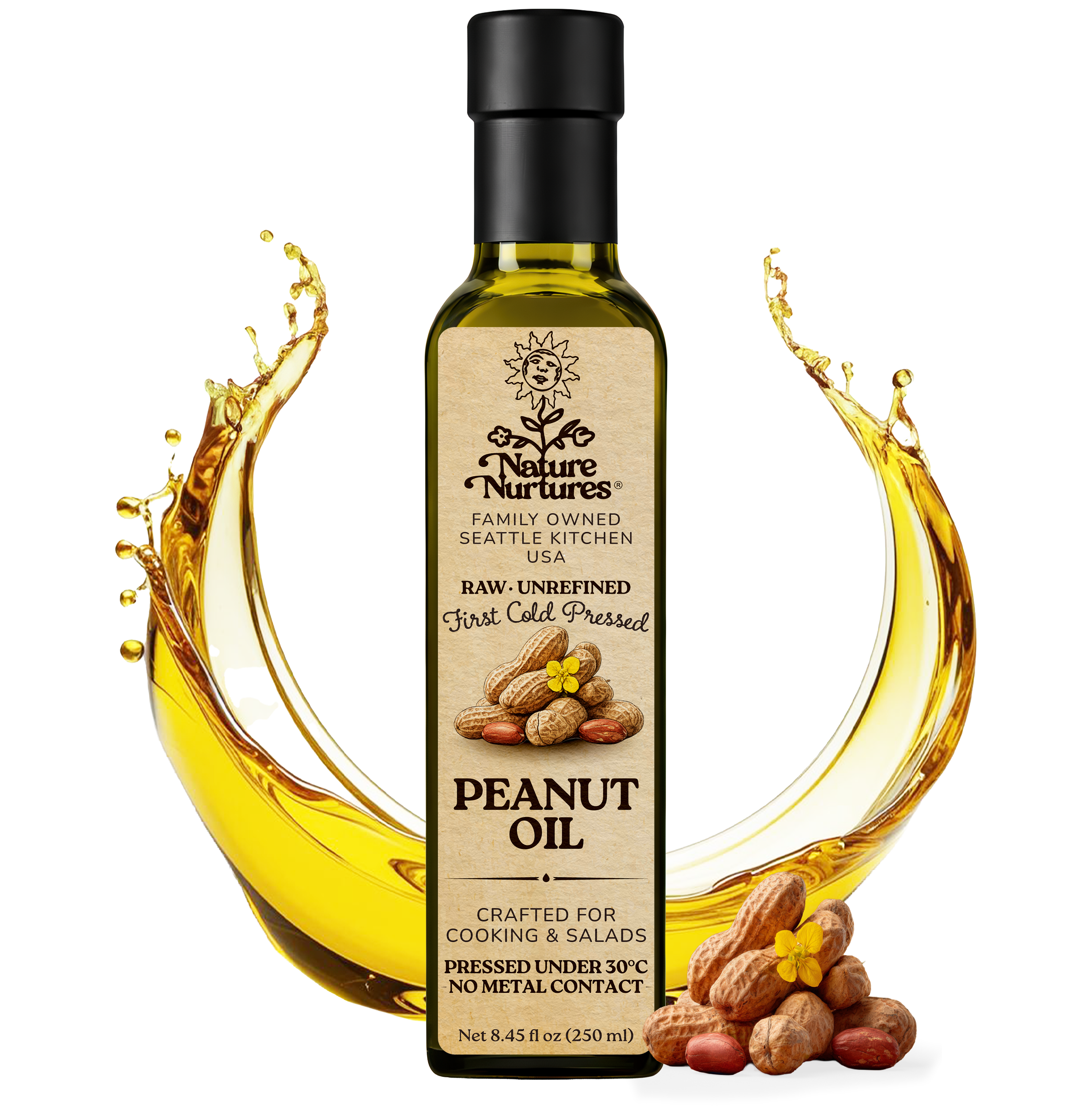 Raw unrefined peanut oil, first cold pressed under 30°C using a non metal or wood contact method that helps preserve the oil’s natural structure. Made from peanuts sourced from suppliers following organic, non GMO and kosher standards, small batch crafted in the United States for cooking and salads. Poured slowly into a glass bottle with care, 8.45 fl oz (250 ml).