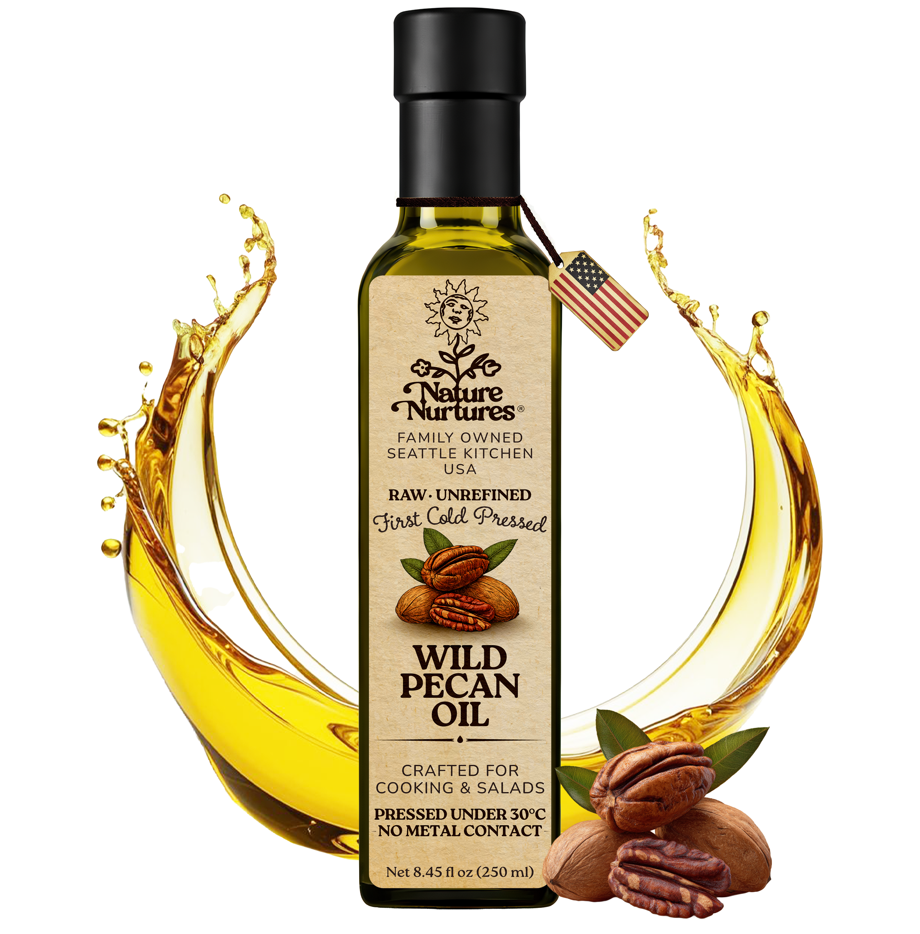 Raw unrefined wild pecan oil, first cold pressed under 30°C using a non metal or wood contact method that helps preserve the oil’s natural structure. Made from wild pecans sourced from Missouri and suppliers following organic, non GMO and kosher standards, small batch crafted in the United States for cooking and salads. Poured slowly into a glass bottle with care, 8.45 fl oz (250 ml).